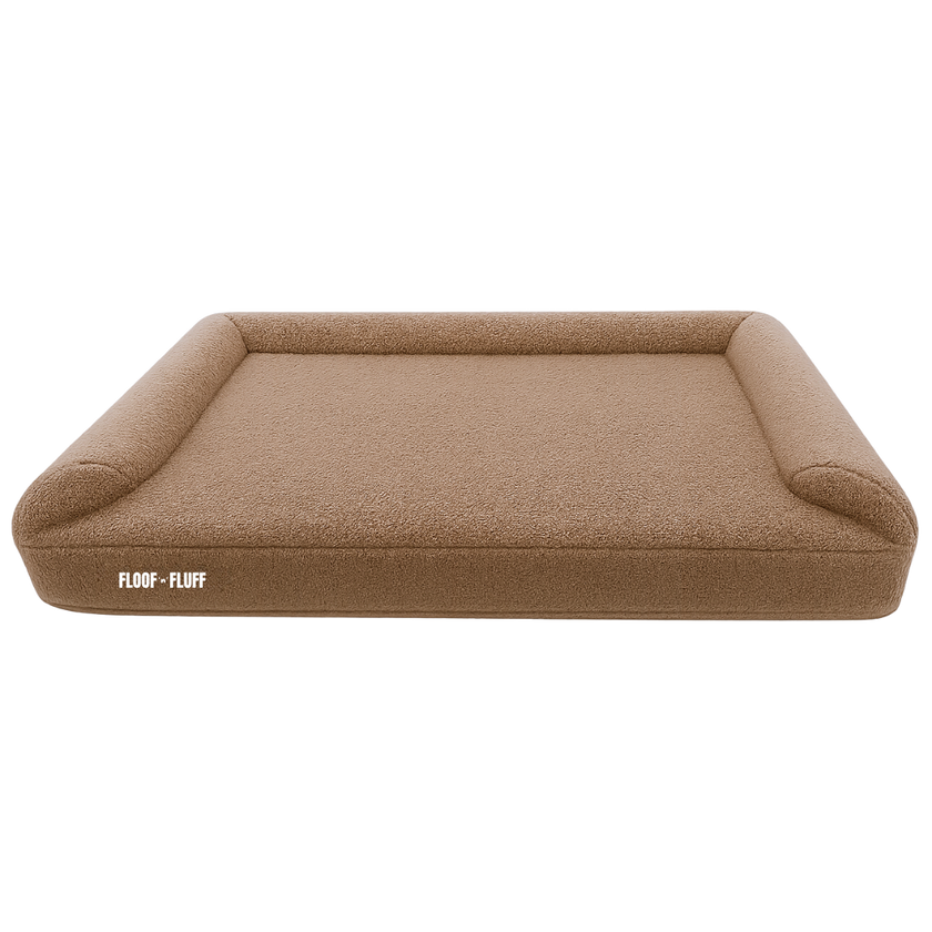 Brown pet bed with 'Floof n Fluff' branding 