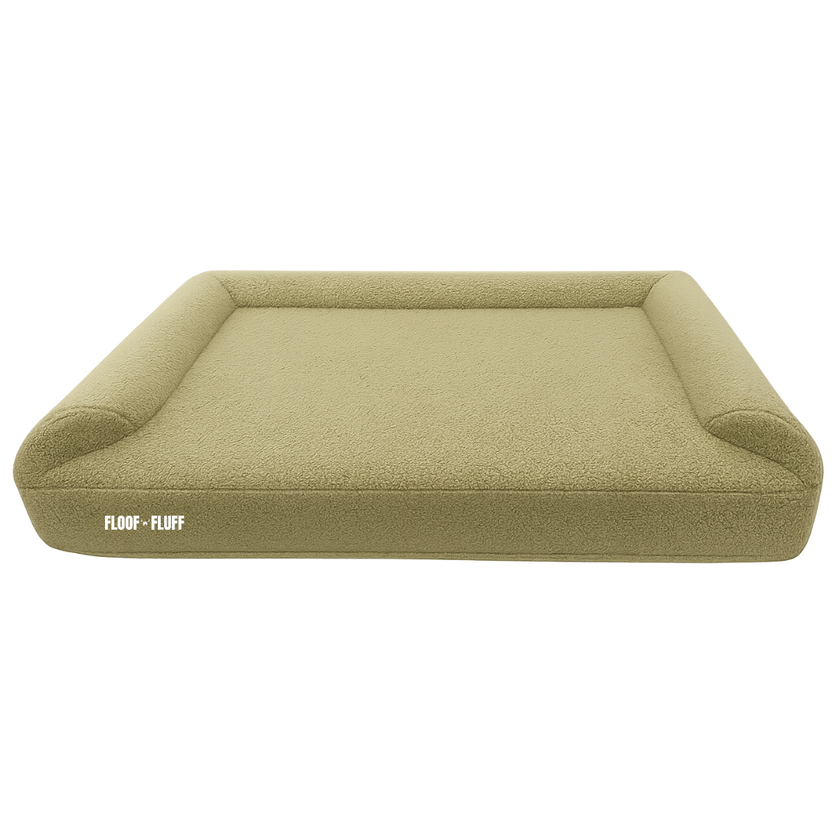Sage green dog bed with 'Floof n Fluff' branding 